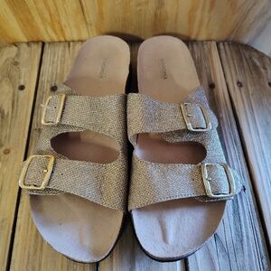 Sonoma Shoes Womens Size 9 Medium Gold Double Buckle Slide Sandals Comfort Cork
